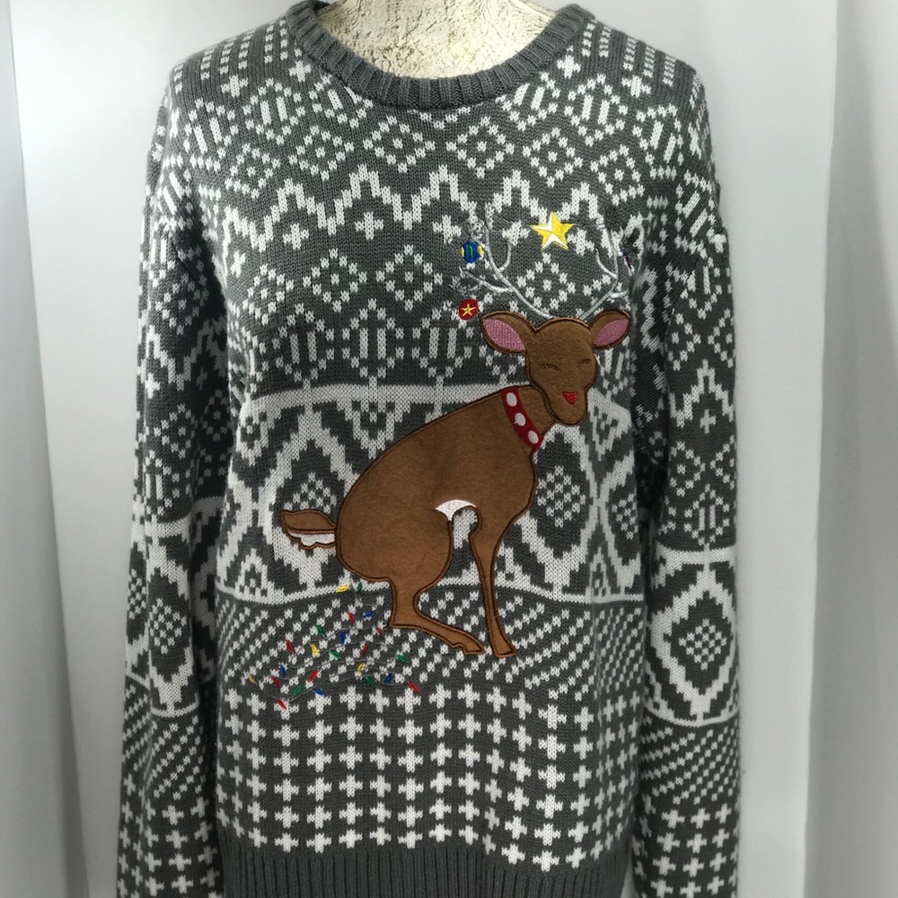 Carbon Ugly Christmas Sweater Sz M Holiday Reindeer Pooping Lights Grey/White